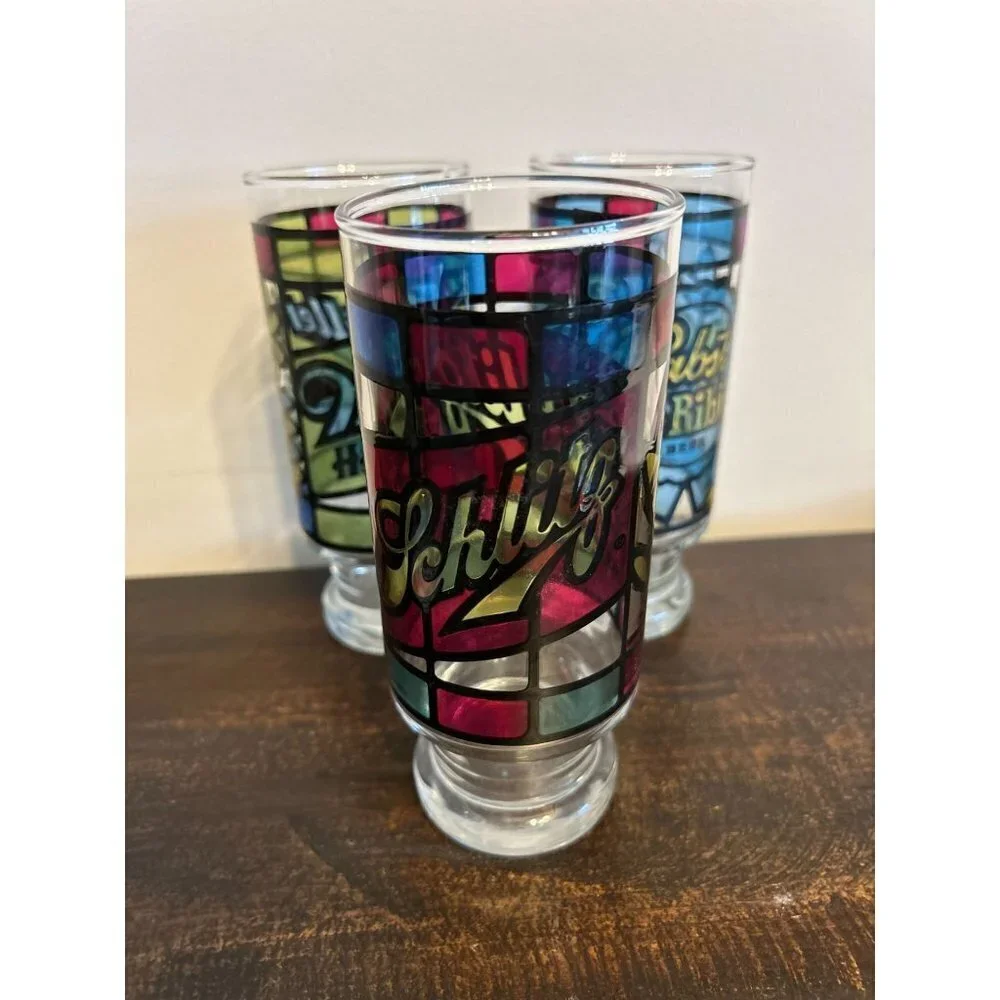 Set of 6 Anchor Hocking Beer Glass Circa 1970 Tumblers Stain Glass 6.5